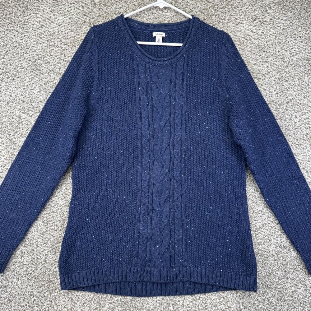 LL Bean Cable Knit Sweater Women's XL Speckled Blue Cotton Blend 290395 Crewneck - Picture 2 of 15